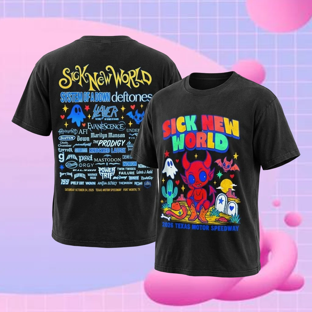 Sick New World Fort Worth Texas 2026 Cartoon Logo Lineup Two Sided T-Shirt